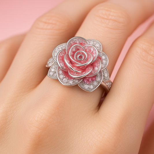 Anillo Exótico Plateado con Flor Rosa