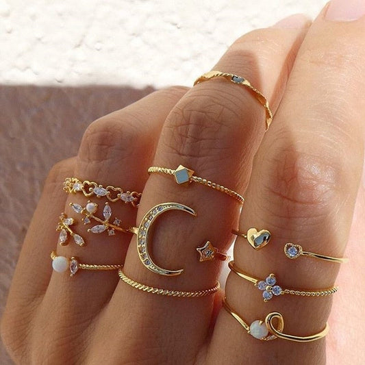 Paquete de 10 Anillos Bohemios Chapados en Plata y Oro