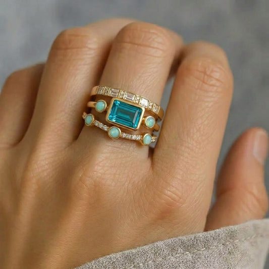 Conjunto de Anillos Vintage de Cristal Azul