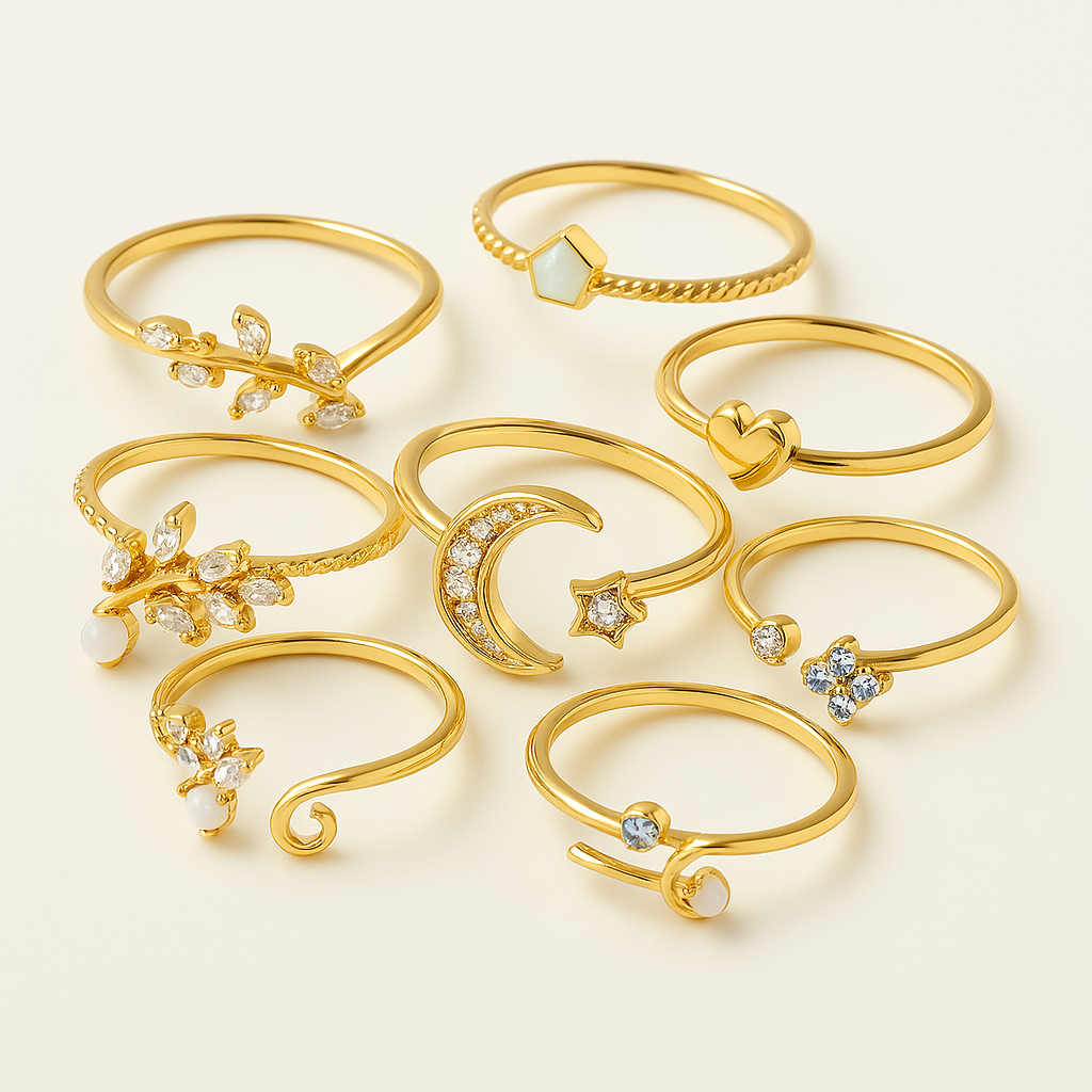 Paquete de 10 Anillos Bohemios Chapados en Plata y Oro