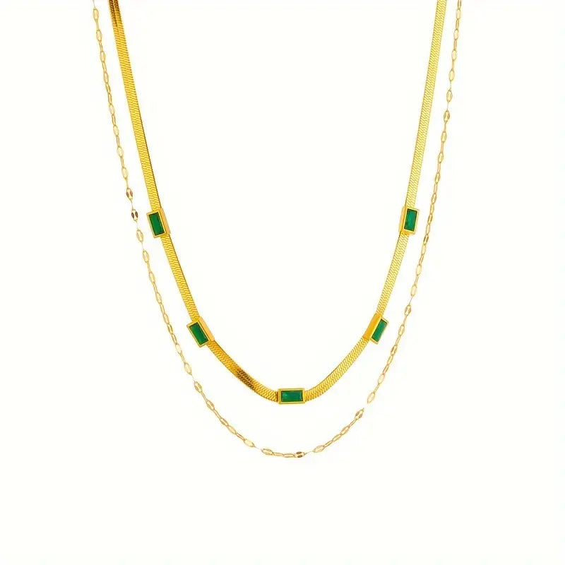 Collar Dorado Retro de Doble Capa con Esmeralda | Oro
