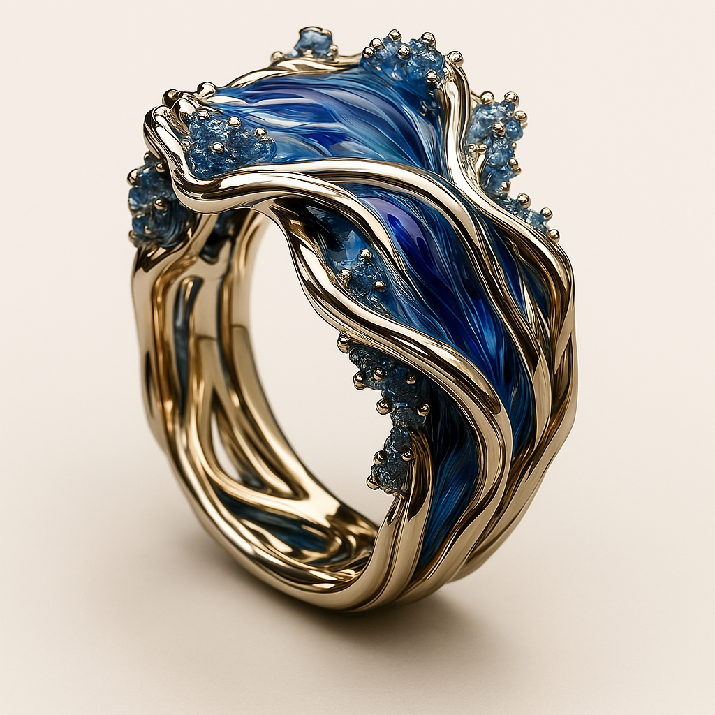 Anillo Vintage Dorado con Ondas Oceánicas