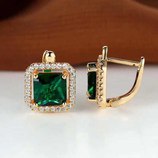 Pendientes Dorados con Circonia Verde Cuadrada