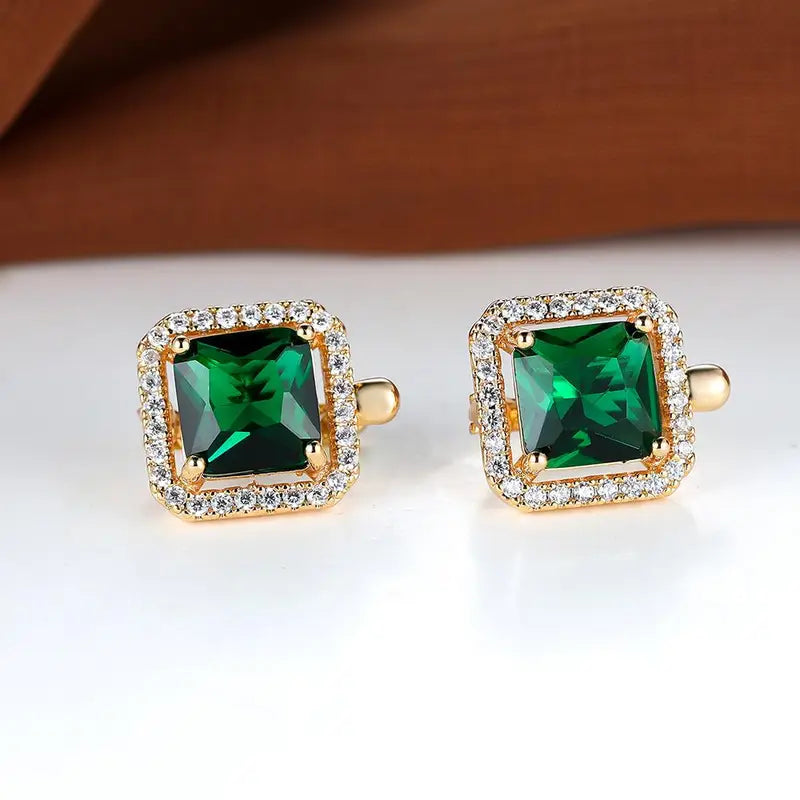 Pendientes Dorados con Circonia Verde Cuadrada