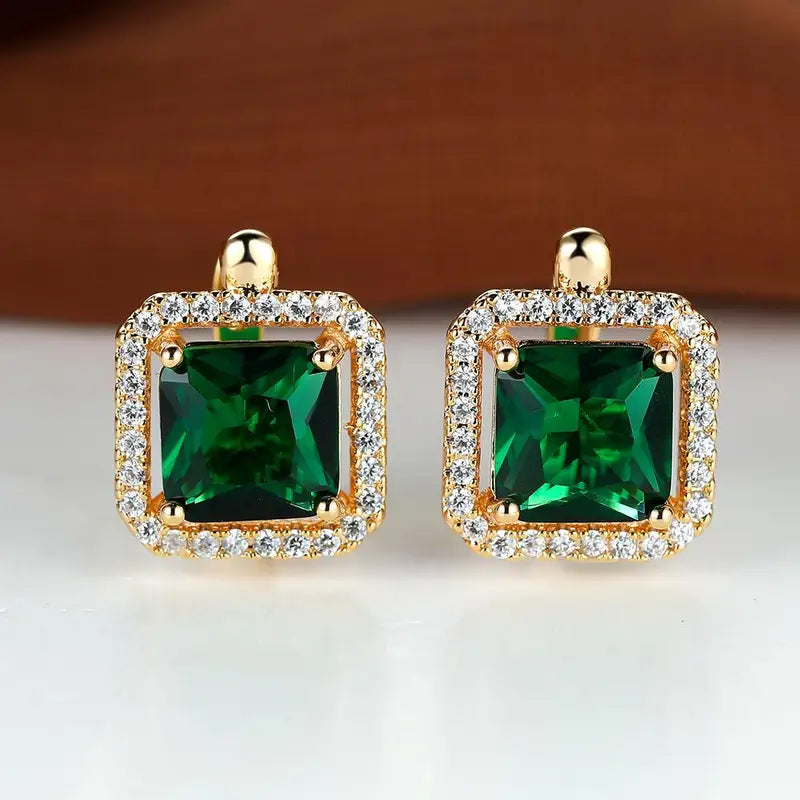Pendientes Dorados con Circonia Verde Cuadrada