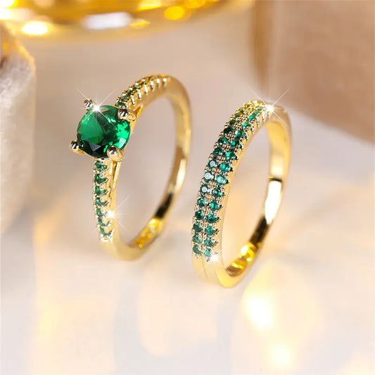 Conjunto de Anillos Dorados Dúo Esmeralda