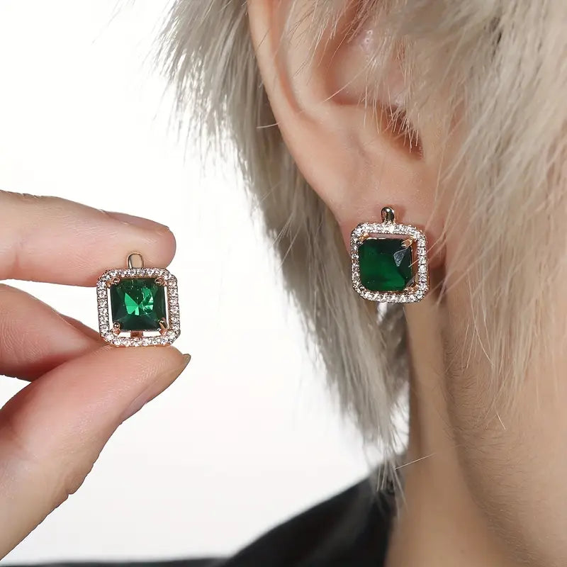 Pendientes Dorados con Circonia Verde Cuadrada