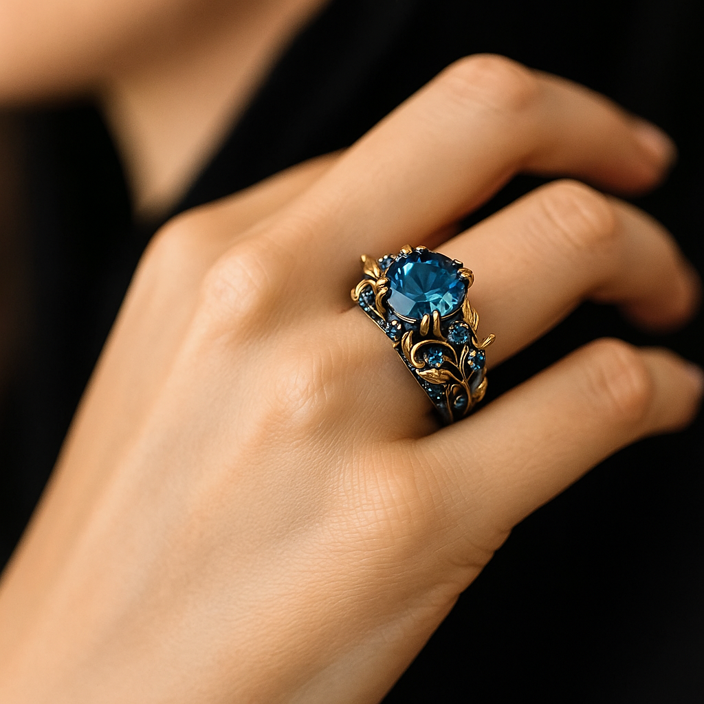 Anillo Exótico de Flor con Cristal Azul