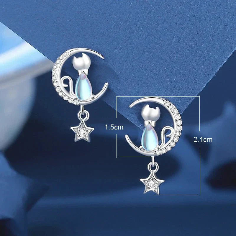 Pendientes de plata de ley 925 con gato, luna y estrella, adornados con circonia