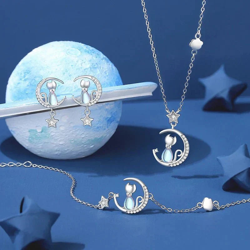 Pendientes de plata de ley 925 con gato, luna y estrella, adornados con circonia