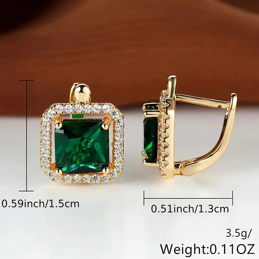 Pendientes Dorados con Circonia Verde Cuadrada