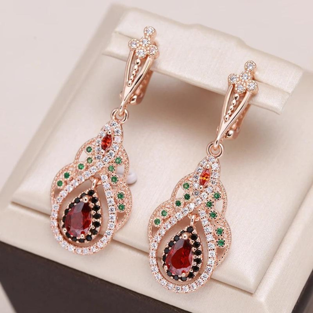 Pendientes Rojos con Circonia en Oro
