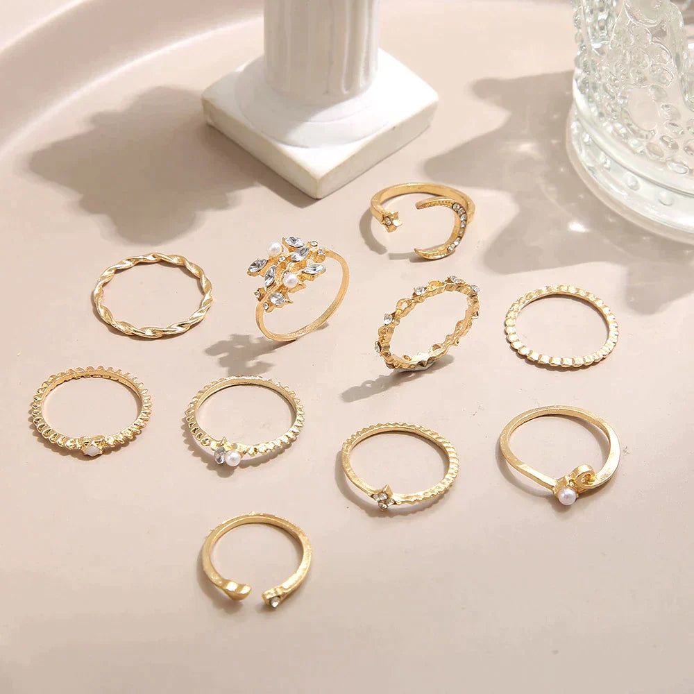 Paquete de 10 Anillos Bohemios Chapados en Plata y Oro