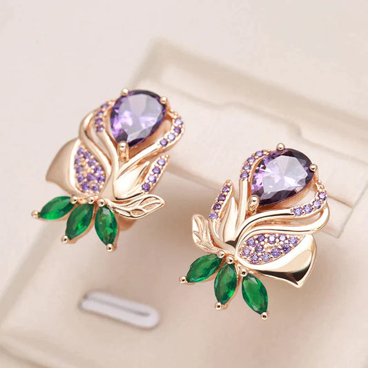 Pendientes Elegantes de Flor Morada en Oro