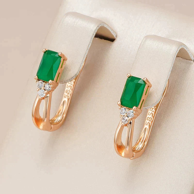 Pendientes Elegantes con Cristal Verde y Circonia en Oro