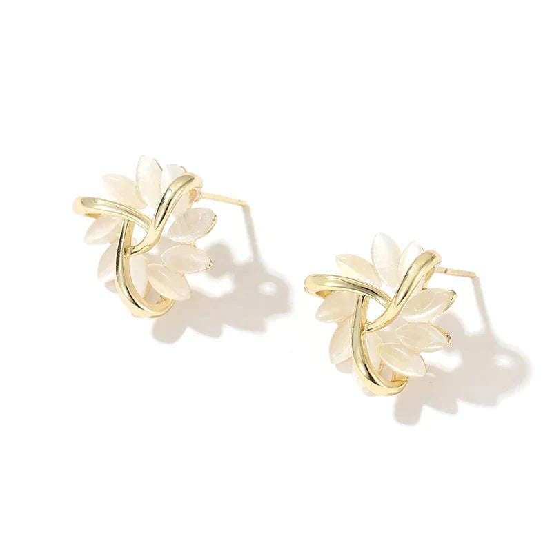 Pendientes de Botón Elegantes y Exquisitos de Ópalo en Forma de Pétalo en Círculo, en Oro