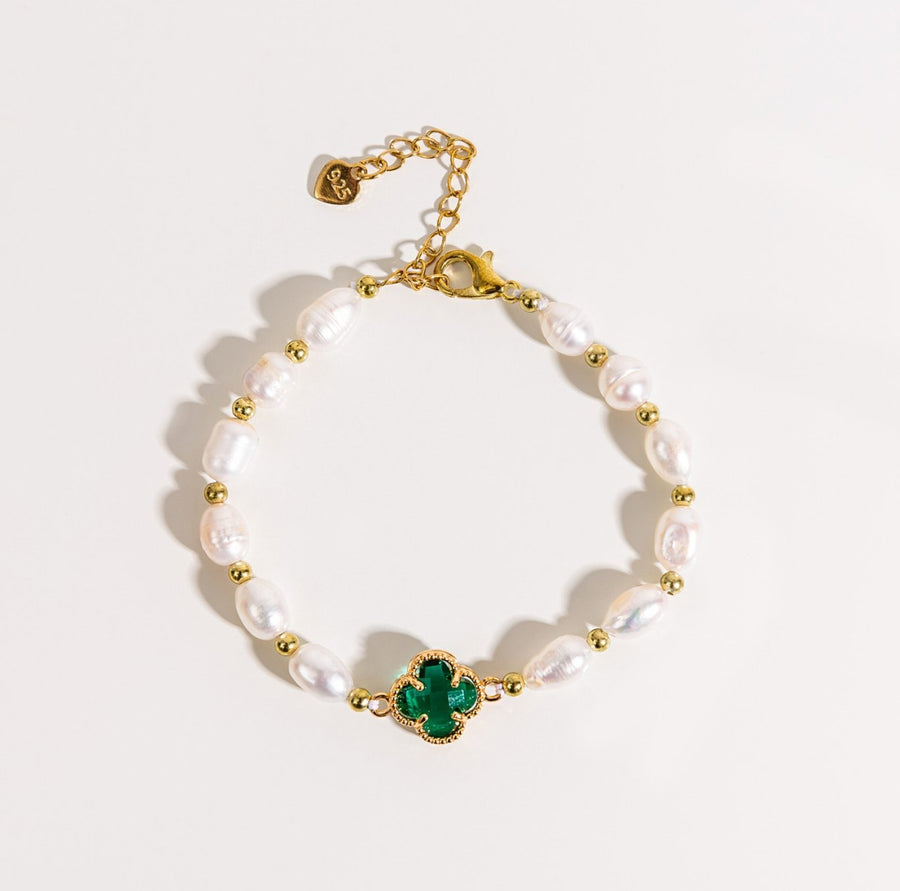 Pulsera Trébol de Esmeralda con Esmeralda y Perlas en Oro