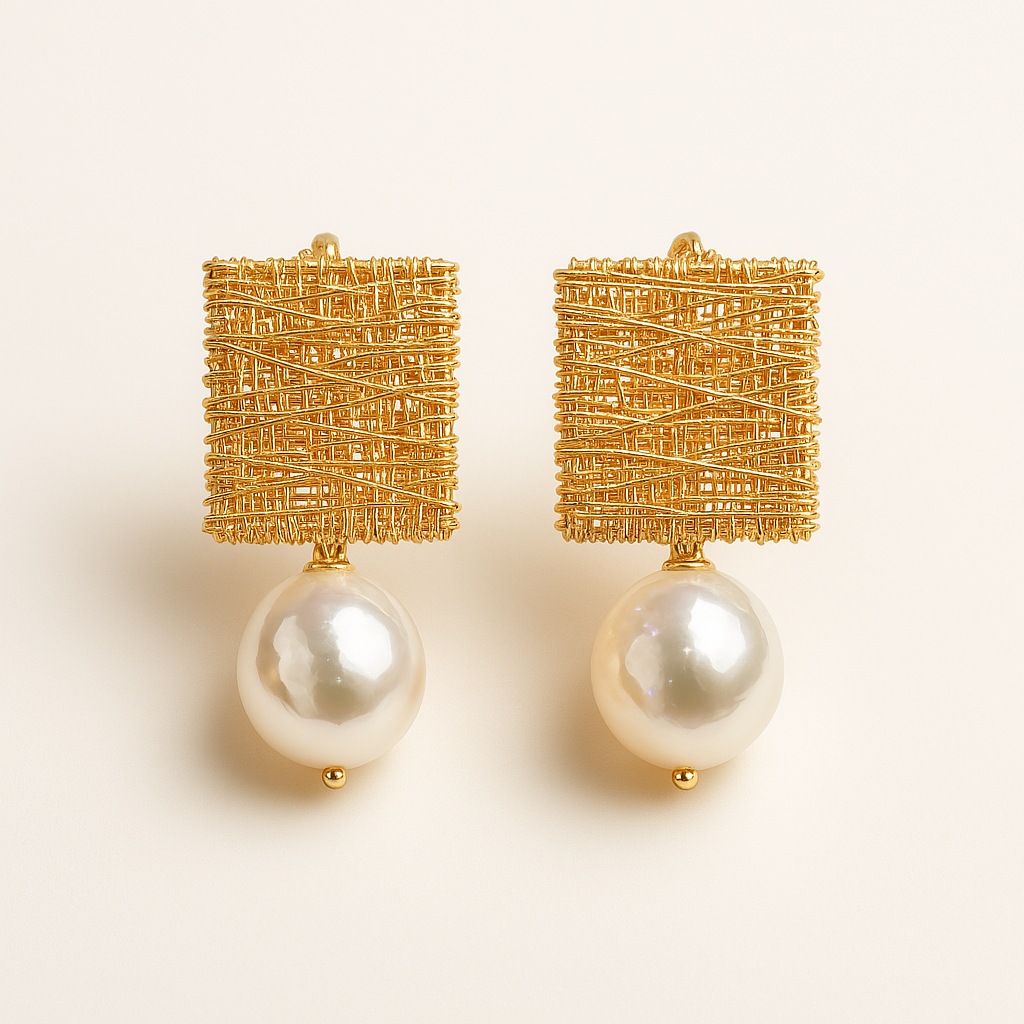 Aretes Vintage con Hilos Dorados y Perlas