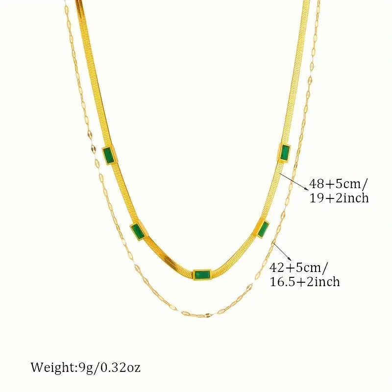 Collar Dorado Retro de Doble Capa con Esmeralda | Oro