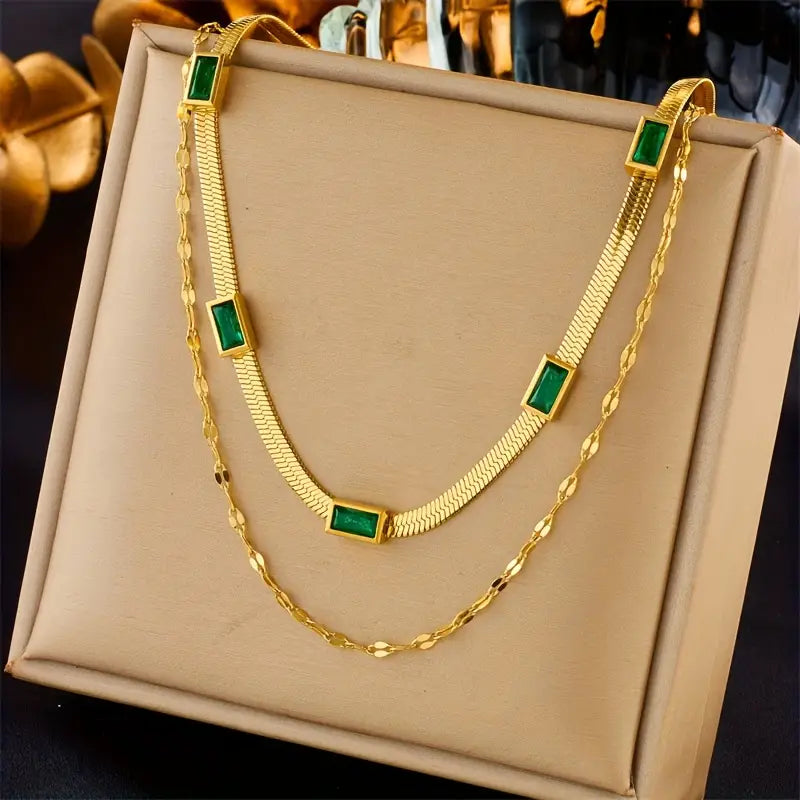 Collar Dorado Retro de Doble Capa con Esmeralda | Oro
