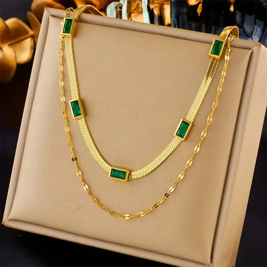 Collar Dorado Retro de Doble Capa con Esmeralda | Oro