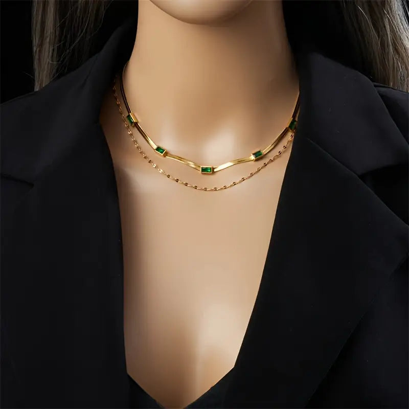 Collar Dorado Retro de Doble Capa con Esmeralda | Oro