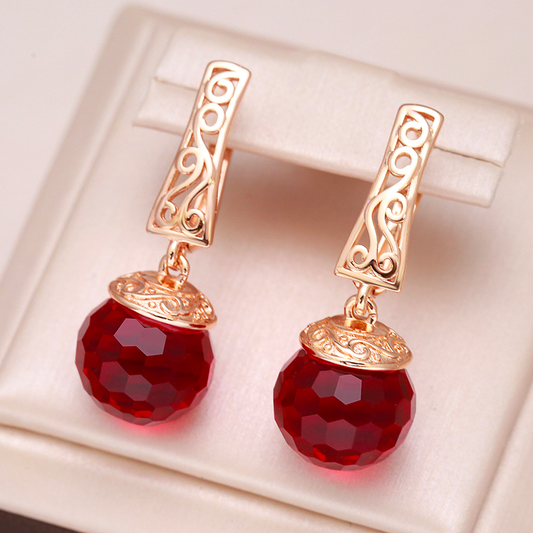 Pendientes Elegantes de Bola con Cristal Rojo en Oro
