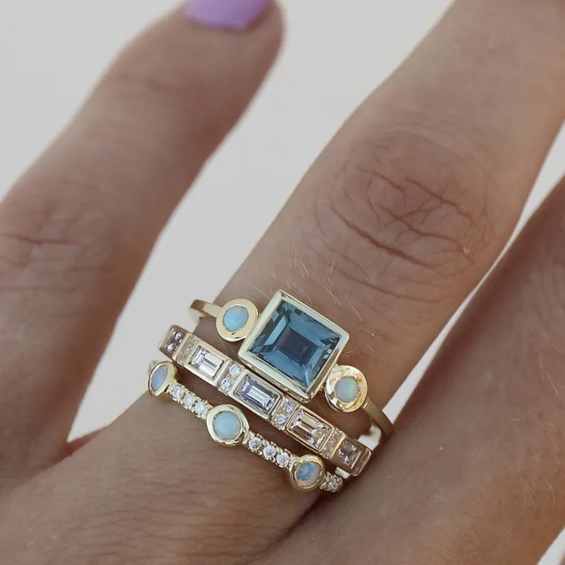 Conjunto de Anillos Vintage de Cristal Azul