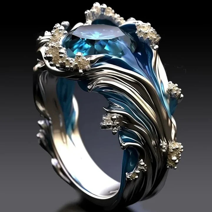 Anillo Vintage Ondulado de Océano con Cristal