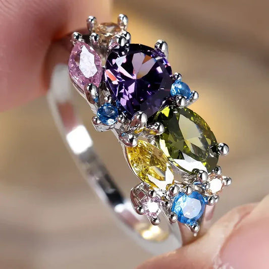 Anillo Vintage de Cristal Multicolor en Plata