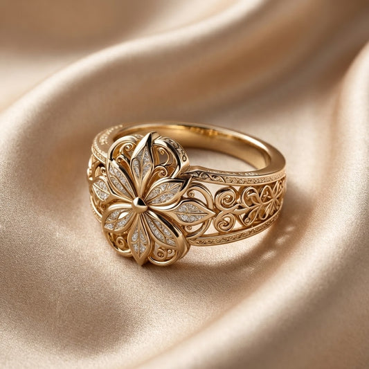 Anillo Exótico de Flor de Oro con Circonia