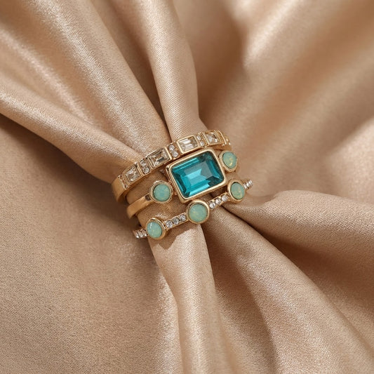 Conjunto de Anillos Vintage de Cristal Azul