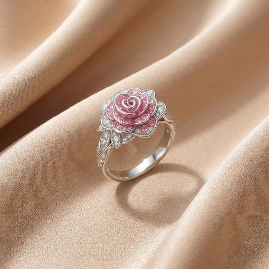 Anillo Exótico Plateado con Flor Rosa