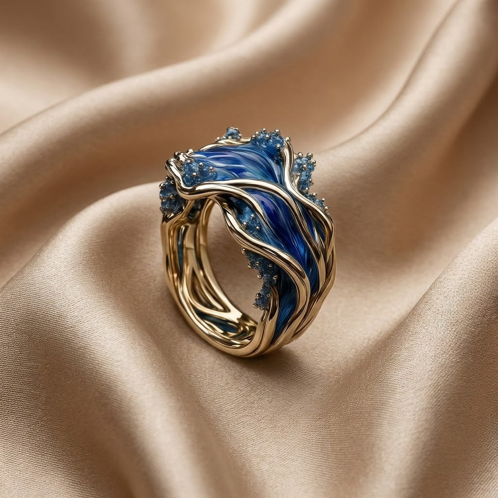 Anillo Vintage Dorado con Ondas Oceánicas