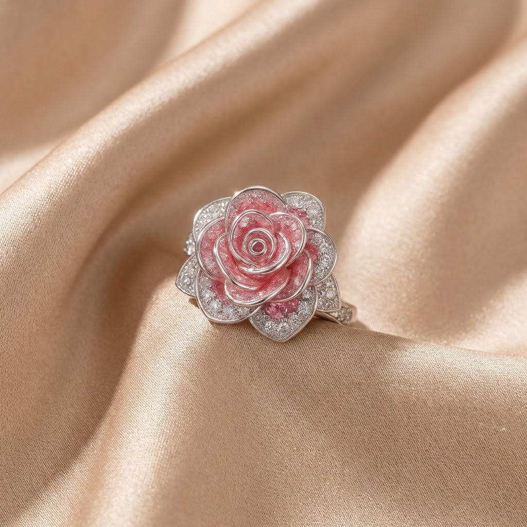 Anillo Exótico Plateado con Flor Rosa