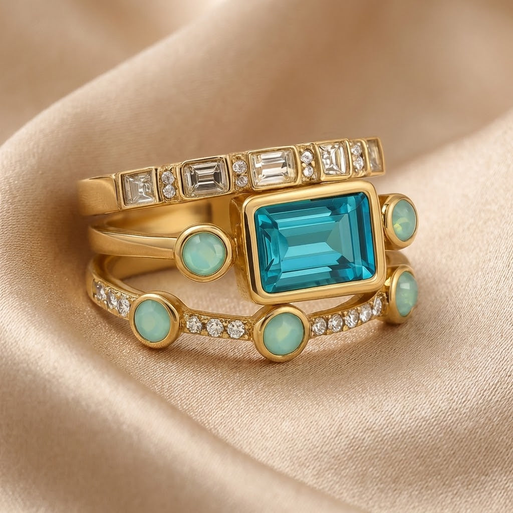Conjunto de Anillos Vintage de Cristal Azul
