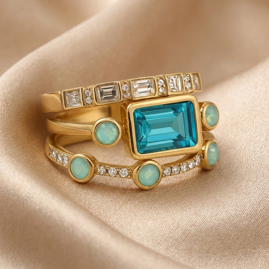 Conjunto de Anillos Vintage de Cristal Azul