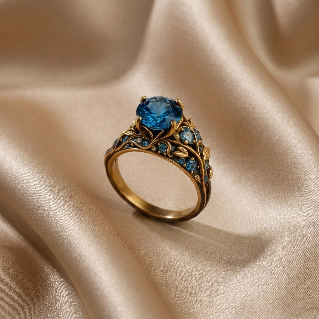 Anillo Exótico de Flor con Cristal Azul