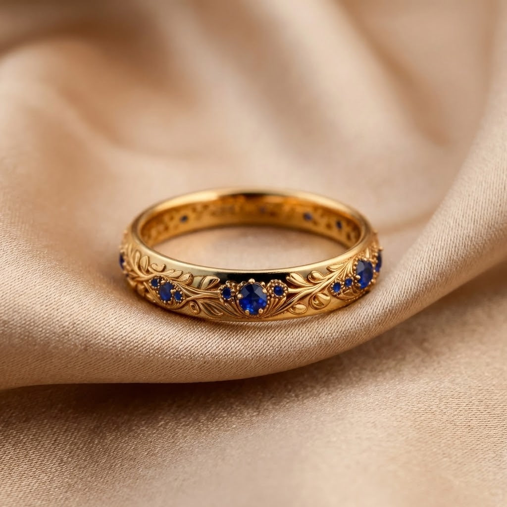 Anillo Exótico de Hoja de Oro Fino con Circonia Azul