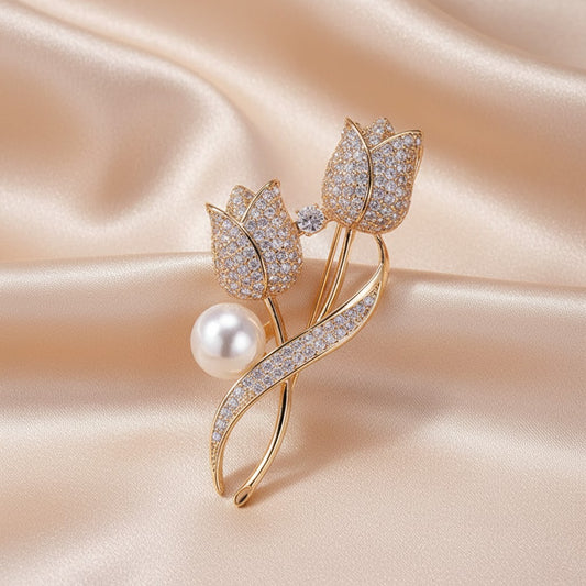 Broche de Tulipán con Perla Brillante de Tulipán en Oro y Plata
