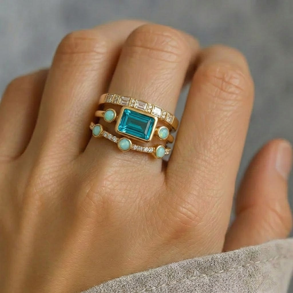 Conjunto de Anillos Vintage de Cristal Azul