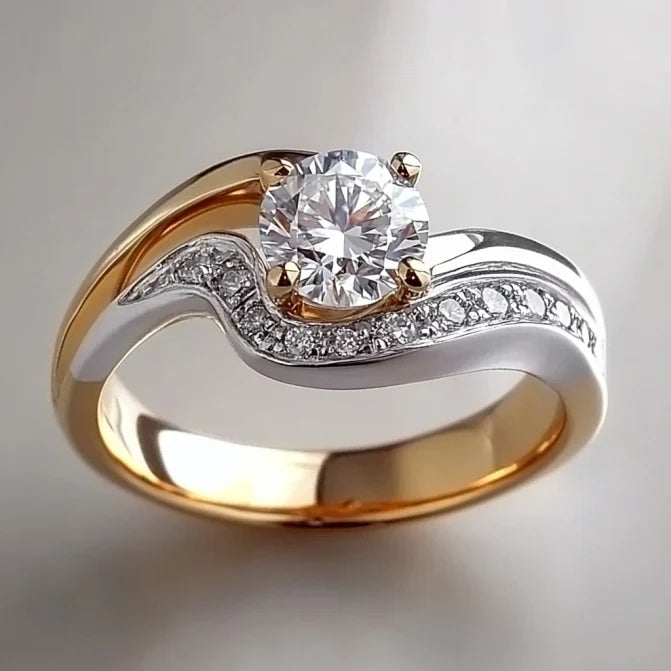 Anillo Brillante Vintage Ondulado en Oro y Plata
