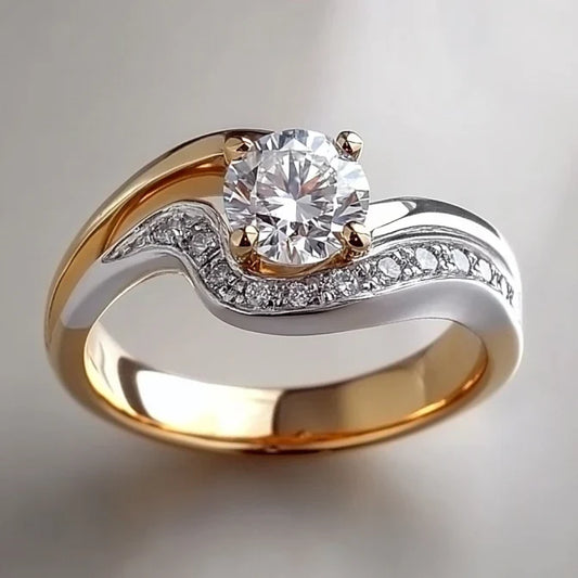 Anillo Brillante Vintage Ondulado en Oro y Plata